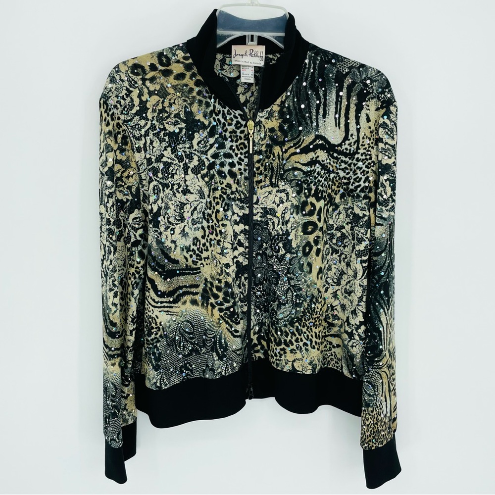 Joseph Ribkoff Animal Sequened Jacket Sheer Long Sleeve Stretch Embellished Top